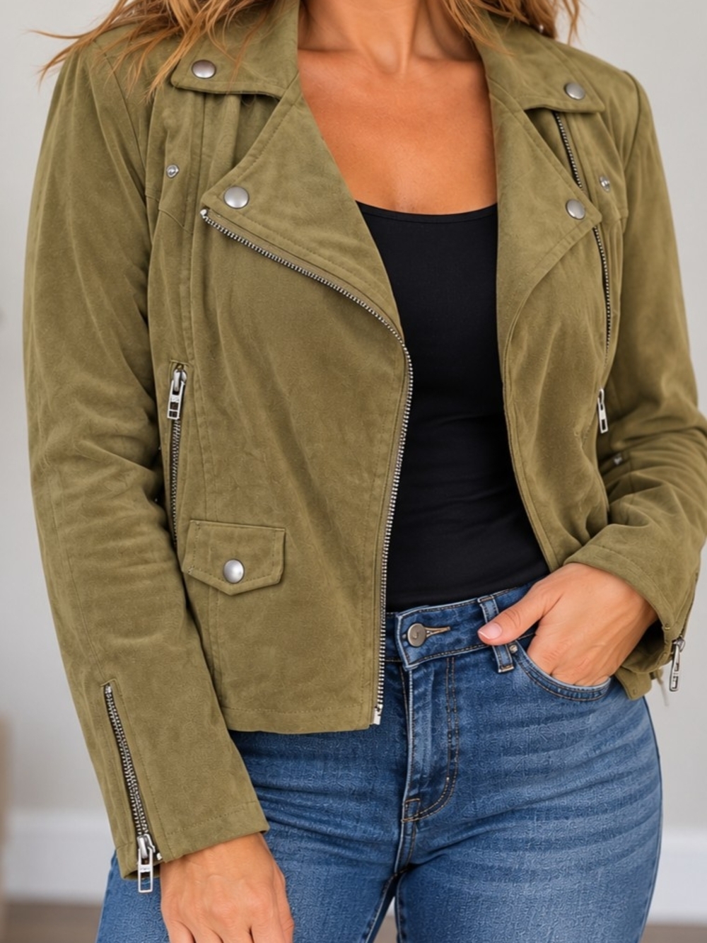 Blank NYC Olive Suede Moto Jacket with Silver Hardware